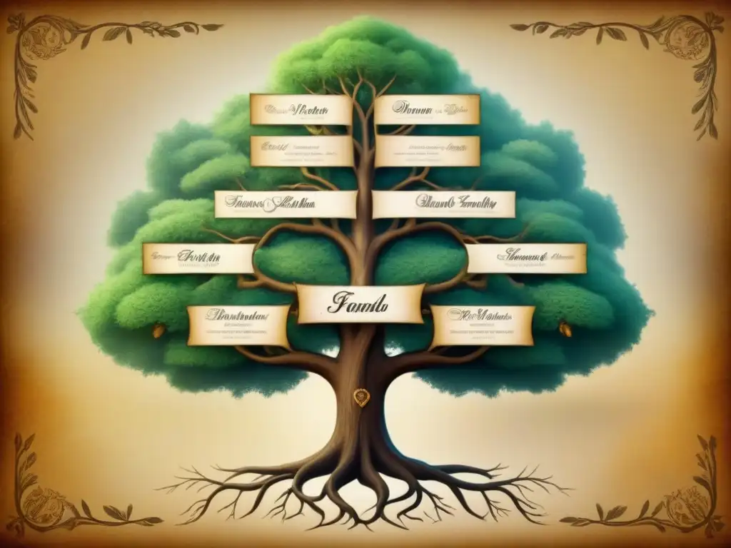 Un árbol genealógico detallado con historia de apellidos y genealogía entrelazados en ramas ornamentadas