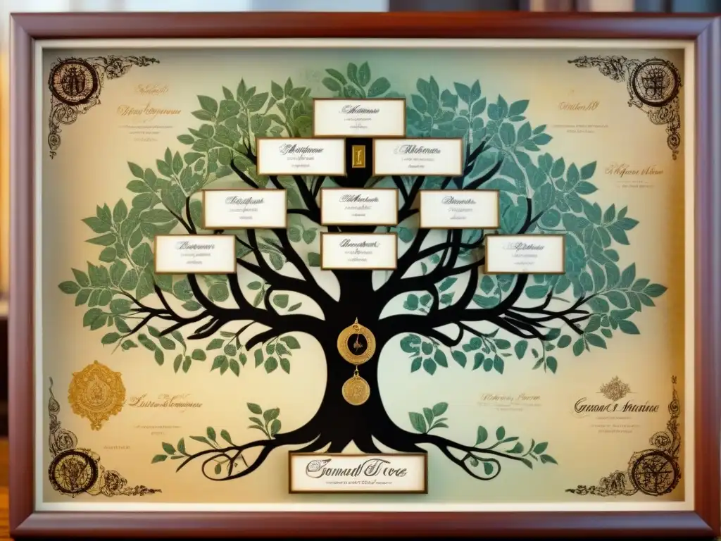 Un árbol genealógico detallado en sepia con historia de apellidos genealogía linajes