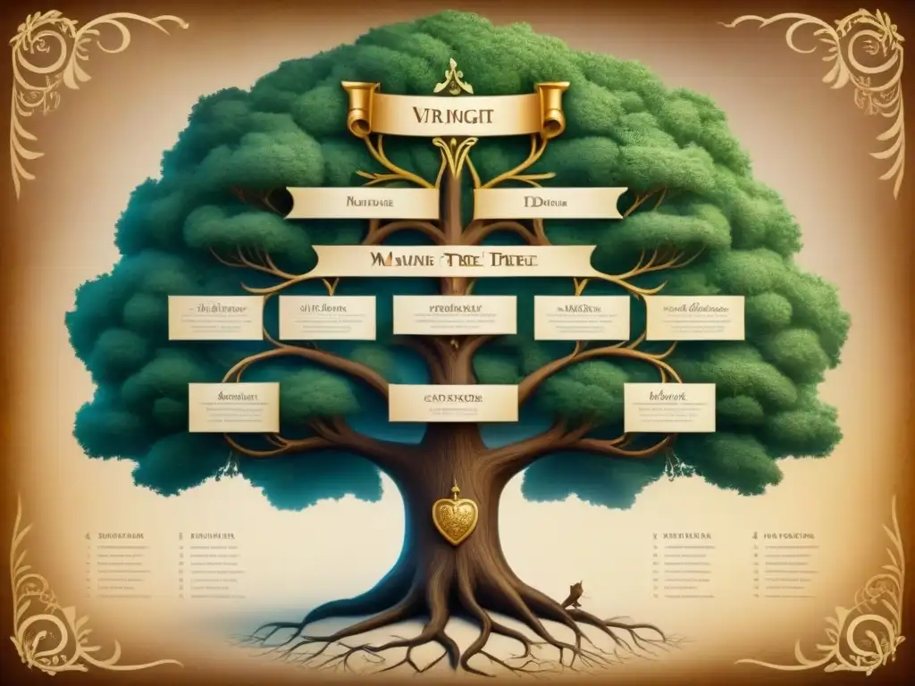 Un árbol genealógico detallado con historias de amor, linajes y genealogía entrelazados en una ilustración vintage