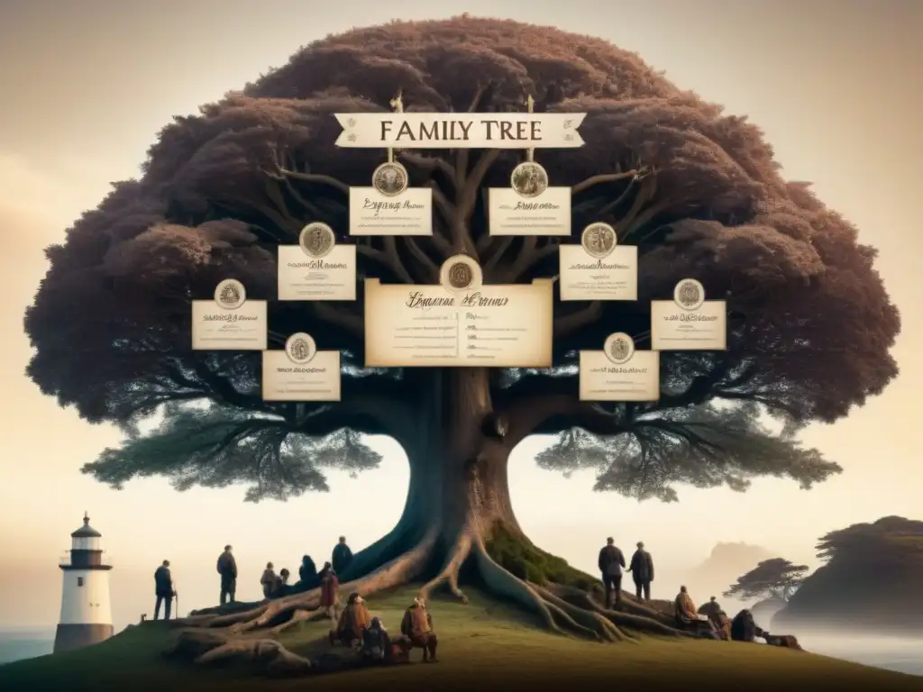 Un árbol genealógico detallado con historias de apellidos evolución genealogía en tonos sepia y símbolos de perseverancia