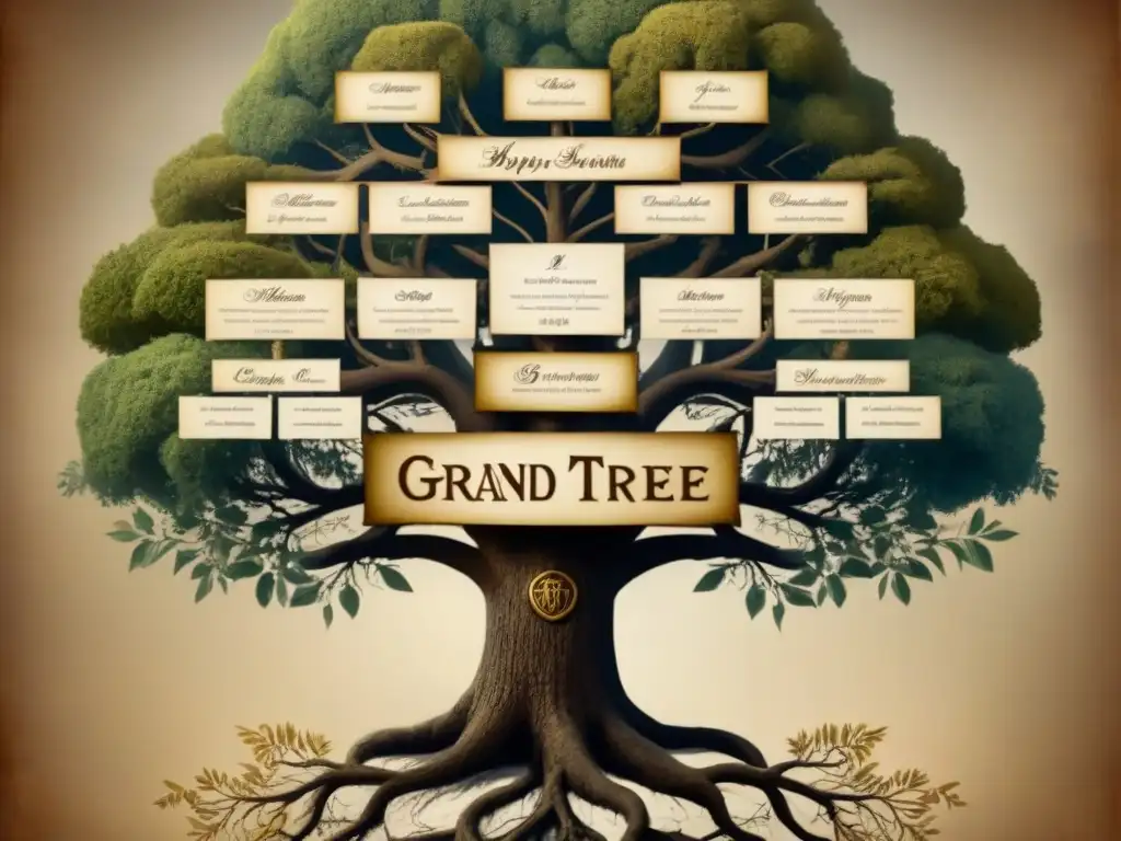 Un árbol genealógico detallado con historias de apellidos y evolución de linajes, en tonos tierra y dorados desgastados