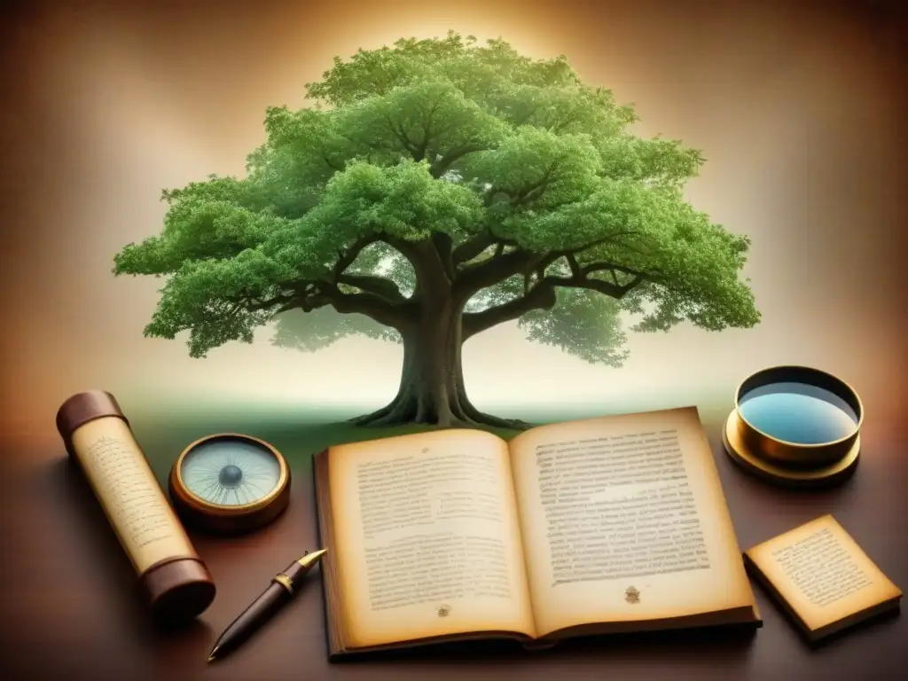 Un árbol genealógico detallado en una ilustración vintage, rodeado de libros antiguos y una lupa, evocando la preservación de archivos genealógicos digitales