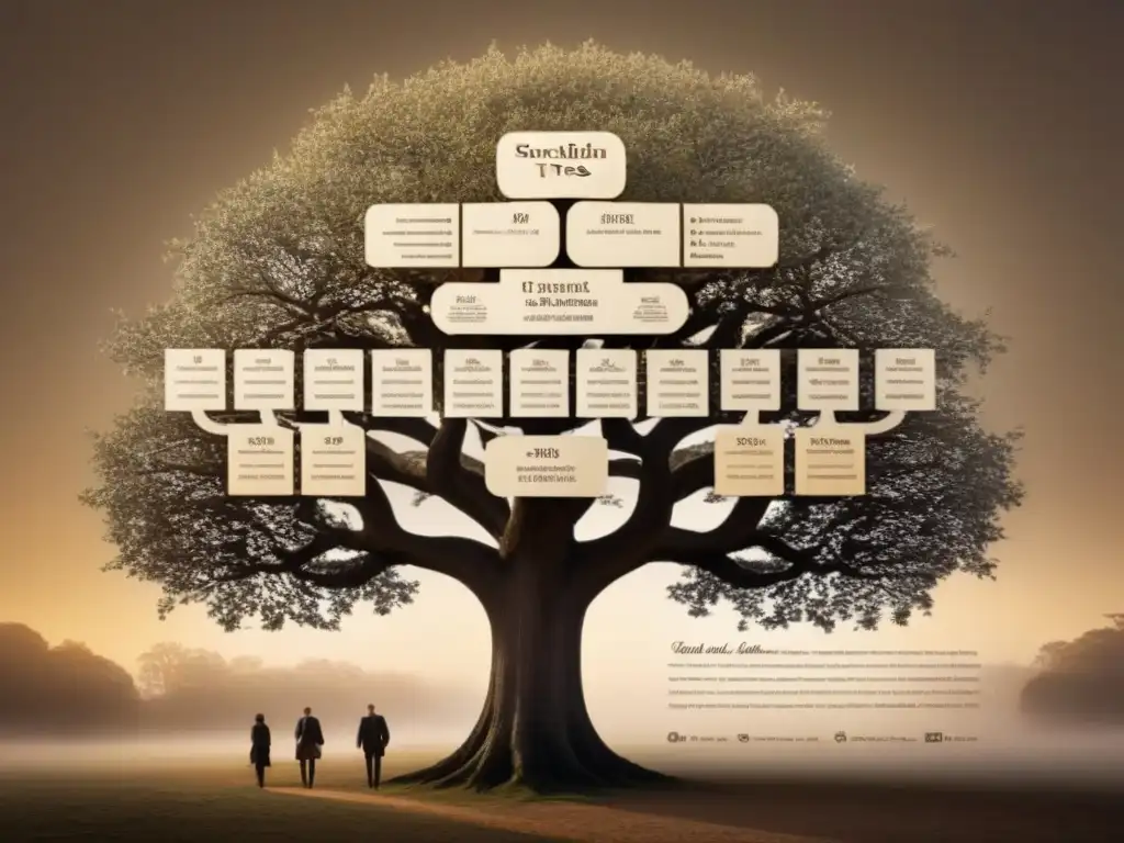 Un árbol genealógico detallado en 8k con impacto histórico de guerras de independencia, elegante caligrafía y tonos sepia