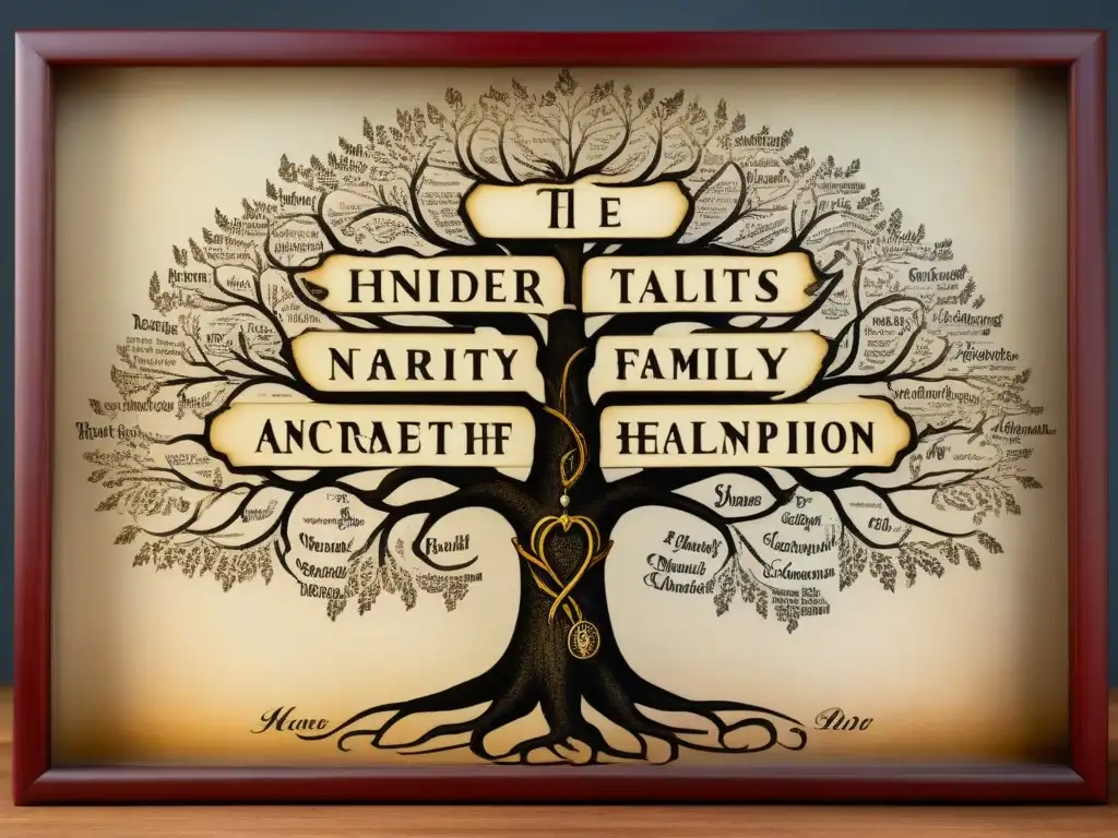 Un árbol genealógico detallado con inscripciones de apellidos ancestrales y símbolos de talentos especiales