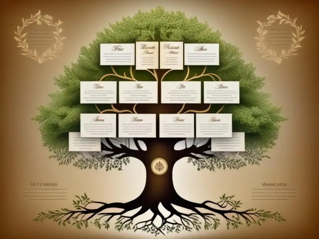 Un árbol genealógico detallado de linajes que cambiaron el mundo, con ramas interconectadas y caligrafía delicada en tonos tierra