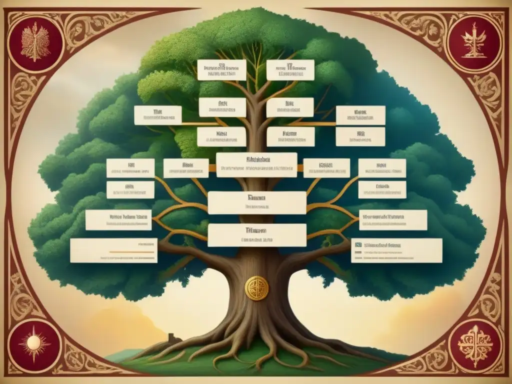 Un árbol genealógico detallado que muestra cómo los linajes y apellidos evolucionaron a través de la historia de las guerras del siglo XX