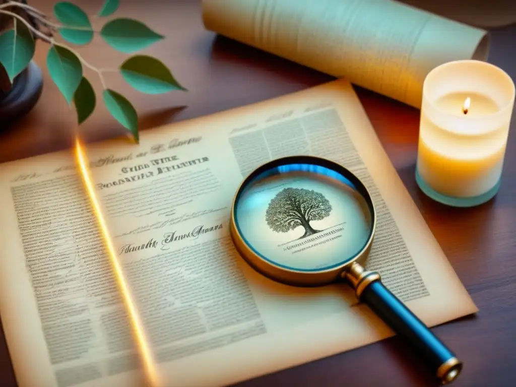 Un árbol genealógico detallado con lupa y luz de vela rastrea apellidos técnicas secretos