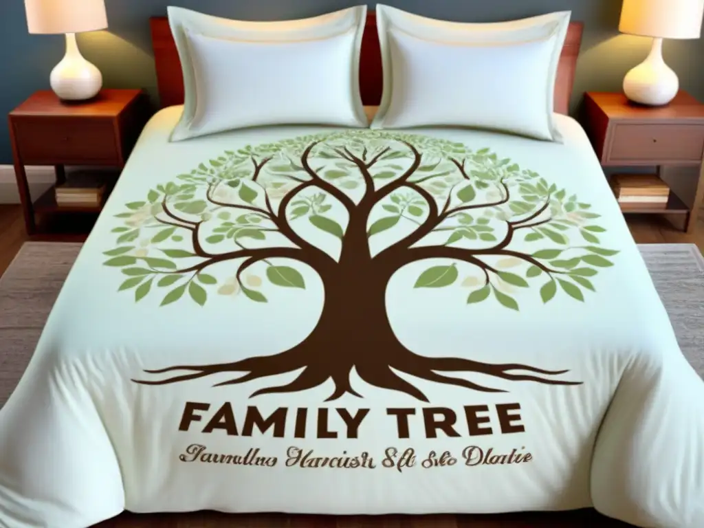 Un árbol genealógico detallado en una manta personalizada, con ramas intrincadas y raíces delicadas, evocando historia y conexión