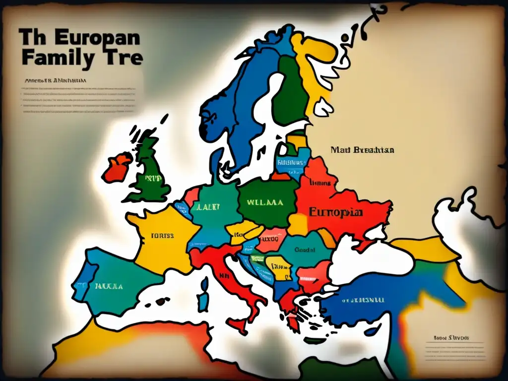 Un árbol genealógico detallado sobre un mapa de Europa antiguo, mostrando la historia de apellidos en Europa