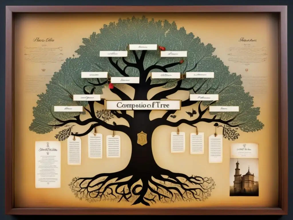 Un árbol genealógico detallado en sepia sobre un mapa antiguo, representando la evolución de apellidos a lo largo de la historia