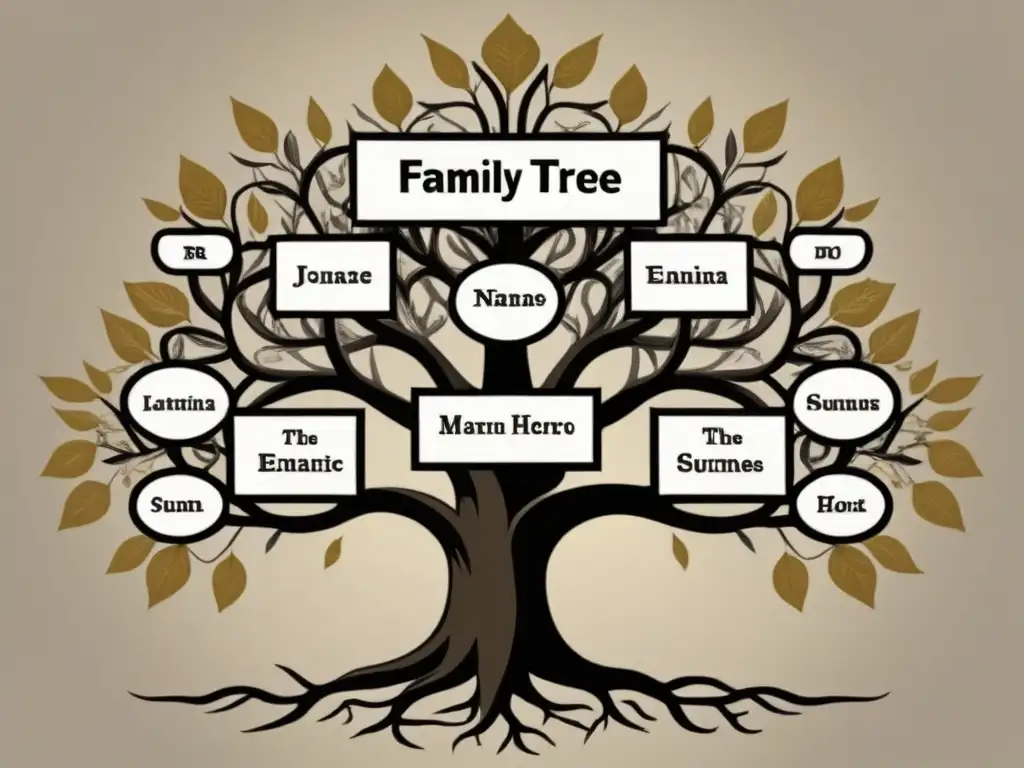 Un árbol genealógico detallado con marcadores genéticos en genealogía apellidos entrelazados en tonos tierra y dorado