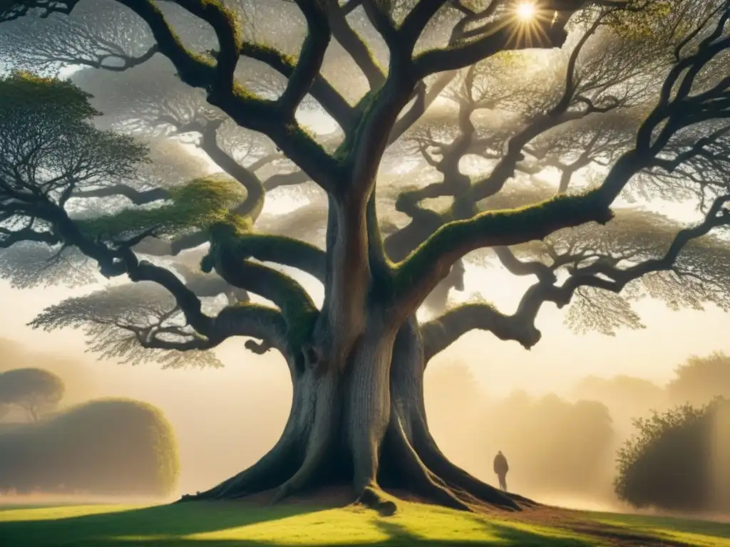 Un árbol genealógico detallado, con marcos antiguos y fotografías, bañado por la luz del sol