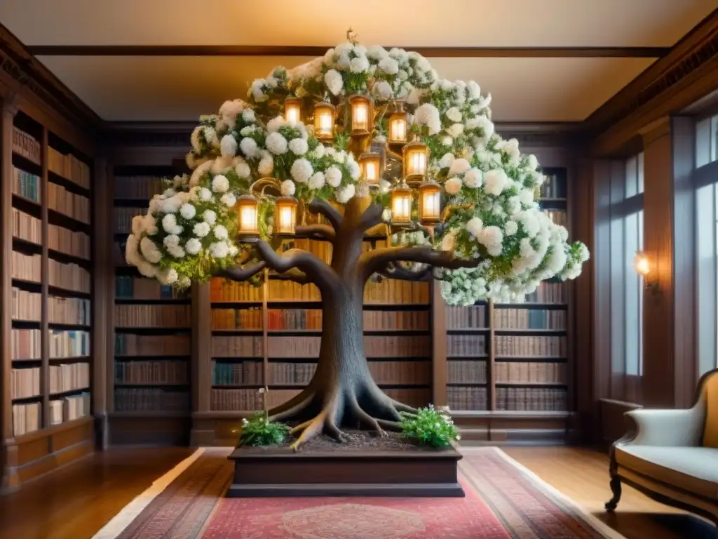 Un árbol genealógico detallado con marcos de fotos antiguas en una biblioteca cálida