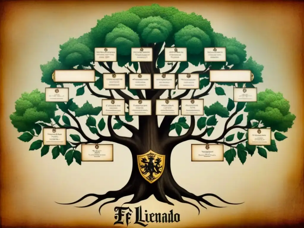 Árbol genealógico detallado de la noble familia Hernando, con ilustraciones medievales y heráldica en papel envejecido