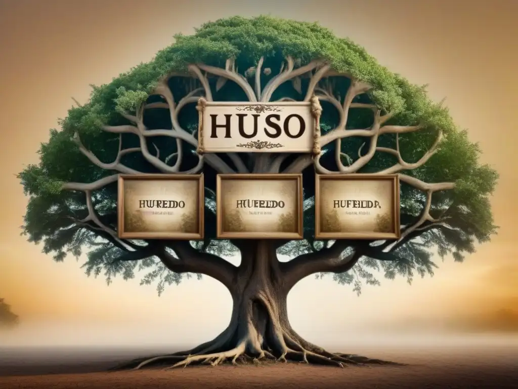 Un árbol genealógico detallado con el nombre 'Hueso' entrelazado, rodeado de retratos antiguos