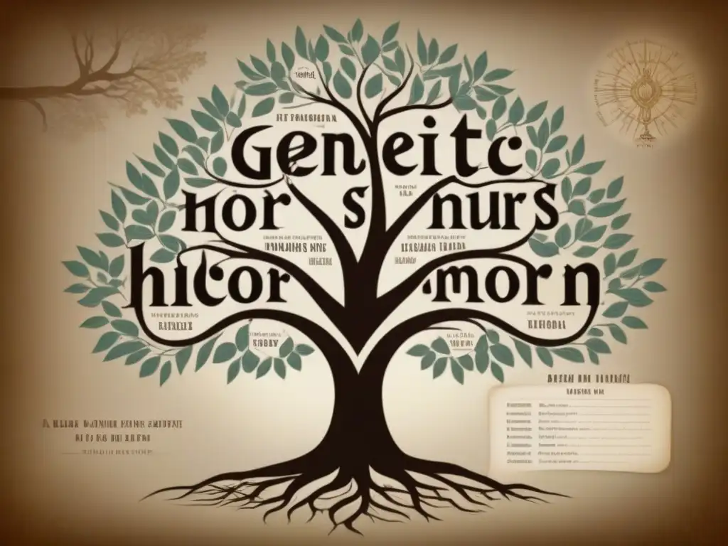 Un árbol genealógico detallado con nombres de familia en un mapa antiguo, resaltando los marcadores genéticos en apellidos