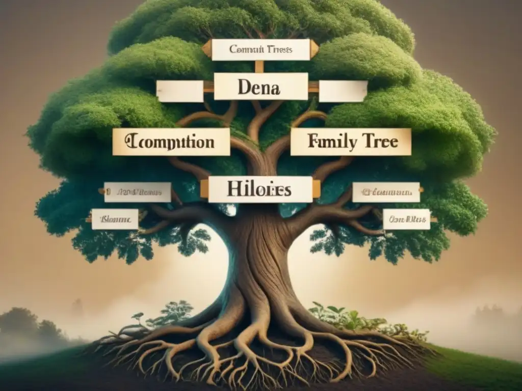 Árbol genealógico detallado con ADN y nombres de ancestros