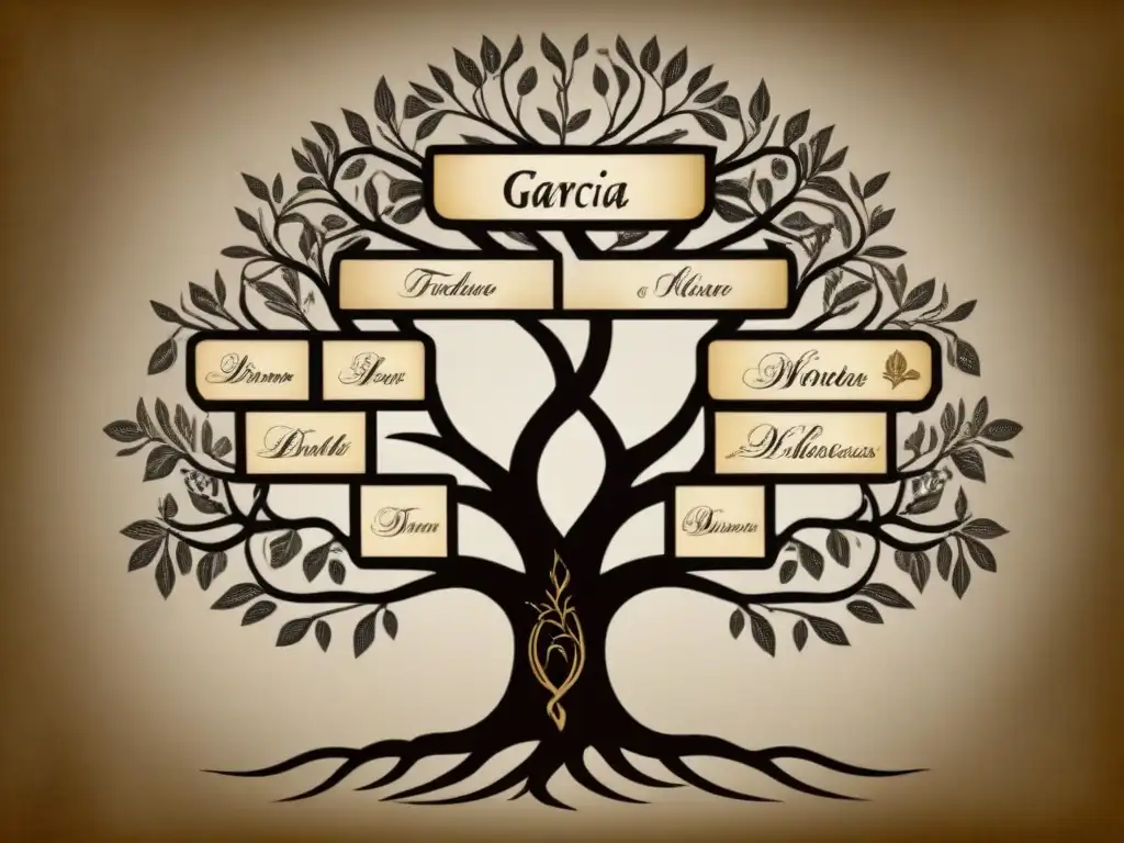 Un árbol genealógico detallado con nombres como Garcia, Lopez, Rodriguez, evocando historia y diversidad