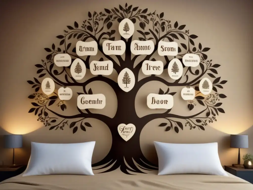 Un árbol genealógico detallado en sepia, con nombres y retratos de ancestros, ideal para ropa de cama personalizada genealogía