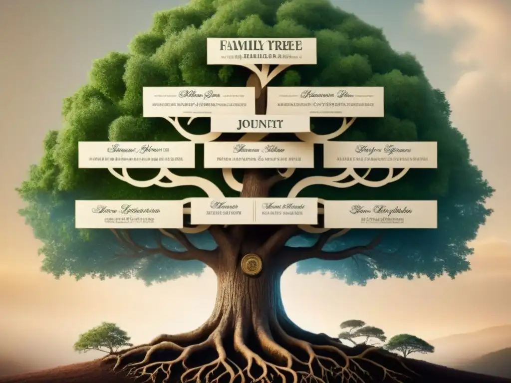 Un árbol genealógico detallado, con nombres y fechas de ancestros, en tonos terrosos y caligrafía antigua