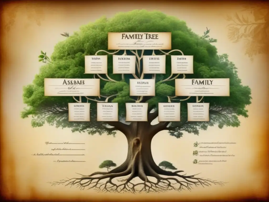 Un árbol genealógico detallado en ilustración vintage, con nombres y fechas en caligrafía sobre pergamino antiguo