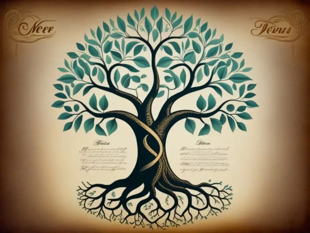 Un árbol genealógico detallado con nombres en caligrafía, ADN y un fondo de pergamino sepia