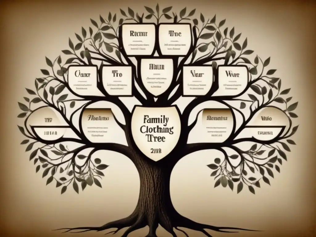 Un árbol genealógico detallado y nostálgico con retratos de ancestros, en tonos sepia