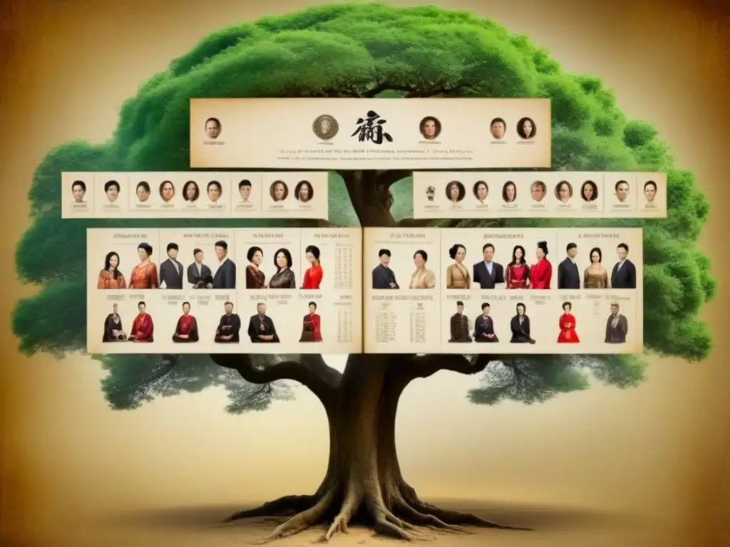 Un árbol genealógico detallado que muestra el origen apellidos vietnamitas herencia china con caligrafía elegante y retratos ancestrales