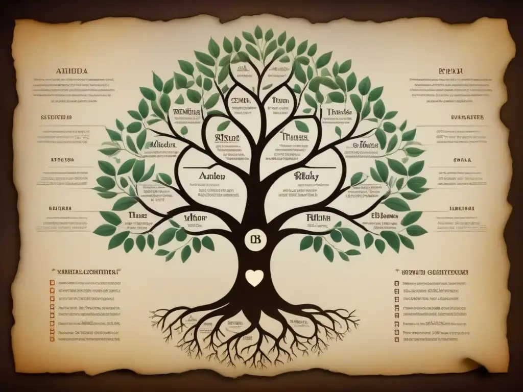 Un árbol genealógico detallado en papel antiguo, con nombres escritos a mano en caligrafía, muestra ancestros unidos por Pruebas de ADN en genealogía