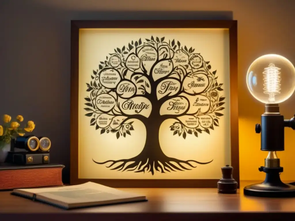 Un árbol genealógico detallado en papel viejo rodeado de instrumentos antiguos, iluminado por una lámpara de escritorio