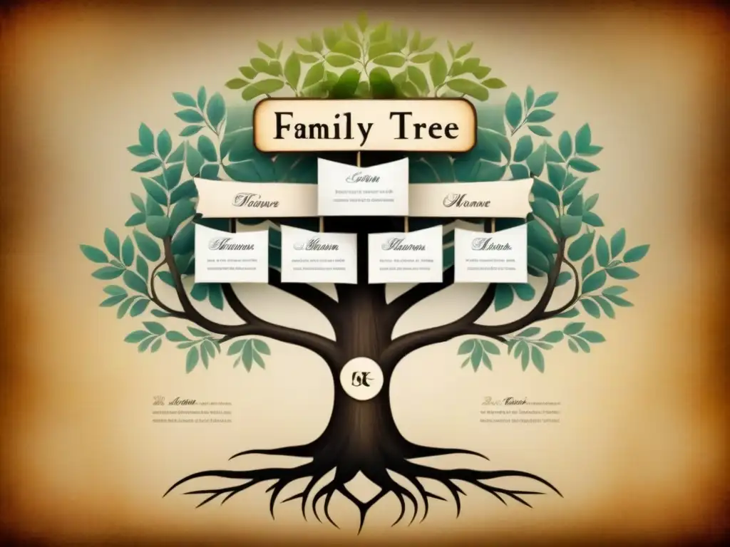 Un árbol genealógico detallado en papel pergamino antiguo, con ramas extendiéndose en múltiples direcciones y caligrafía delicada