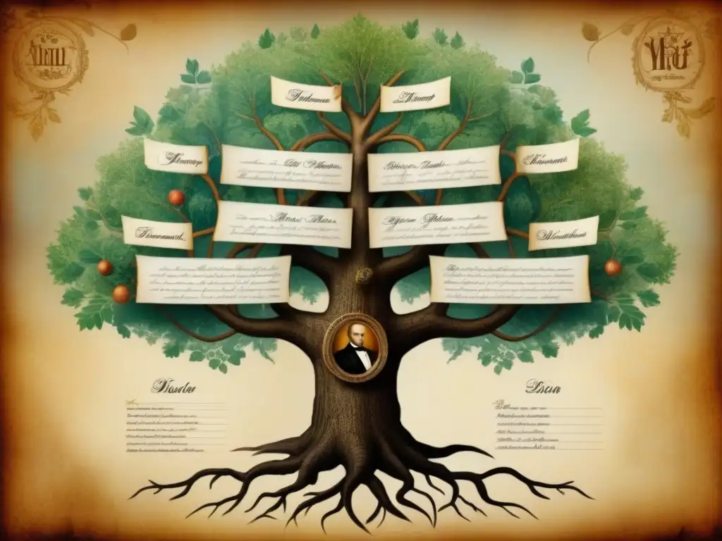 Un árbol genealógico detallado en pergamino envejecido, con nombres y fechas escritos en caligrafía