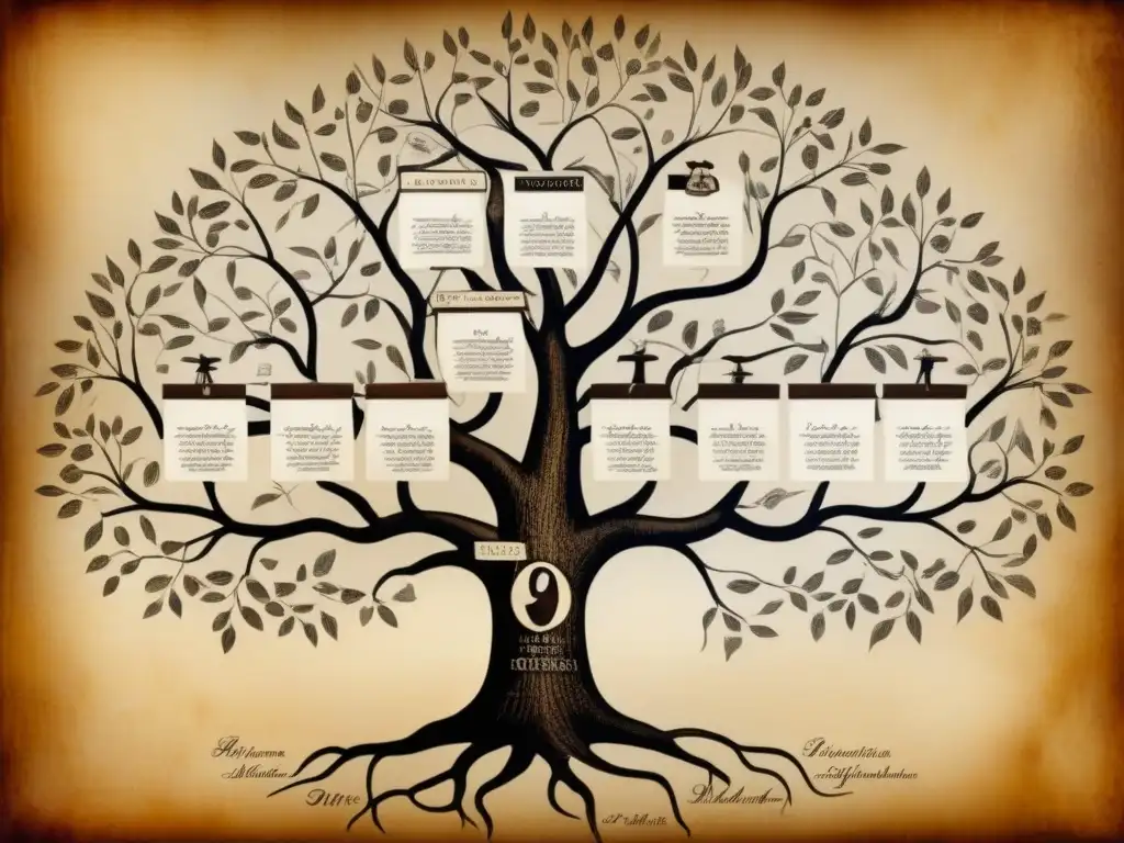 Árbol genealógico detallado en pergamino antiguo con ramas intrincadas y caligrafía, comparativa precisión árboles genealógicos