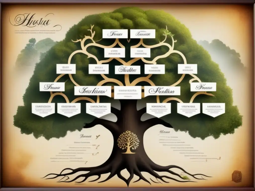 Un árbol genealógico detallado en pergamino con nombres de distintas culturas y regiones, en elegante caligrafía