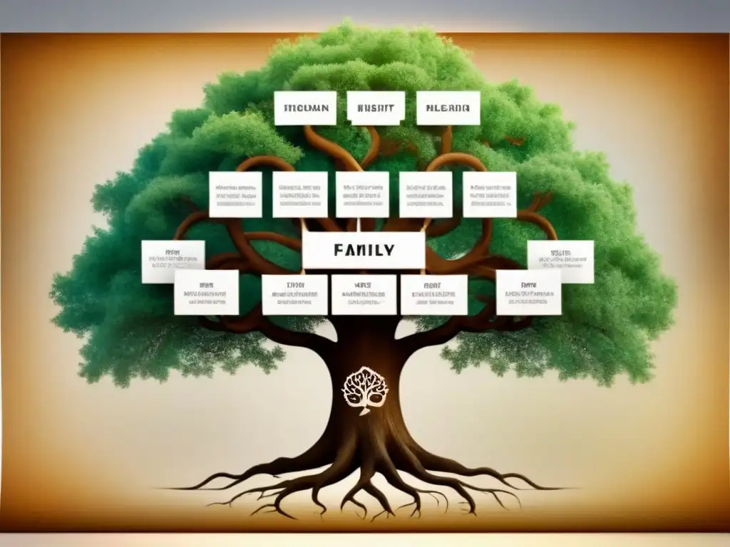 Un árbol genealógico detallado en pergamino antiguo, con caligrafía elaborada y símbolos familiares