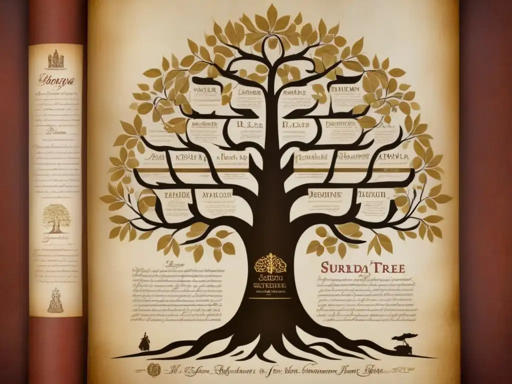 Árbol genealógico detallado en pergamino vintage, evolución de apellidos en genealogía