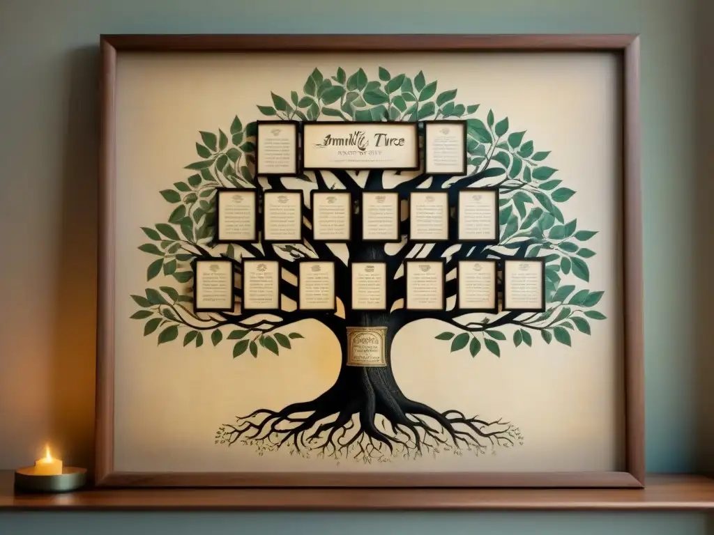 Un árbol genealógico detallado en pergamino antiguo, adornado con fotos y nombres en caligrafía, iluminado por el sol