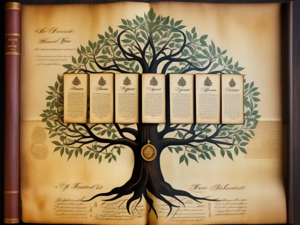 Un árbol genealógico detallado en pergamino antiguo, con caligrafía e ilustraciones ancestrales en tinta desgastada, iluminado por luz cálida