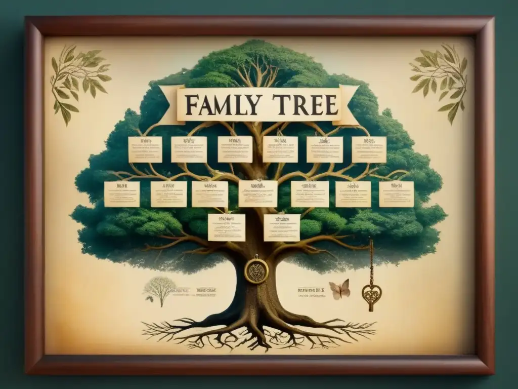 Un árbol genealógico detallado en pergamino antiguo con caligrafía, fotos y símbolos históricos, evocando la importancia de la genealogía familiar