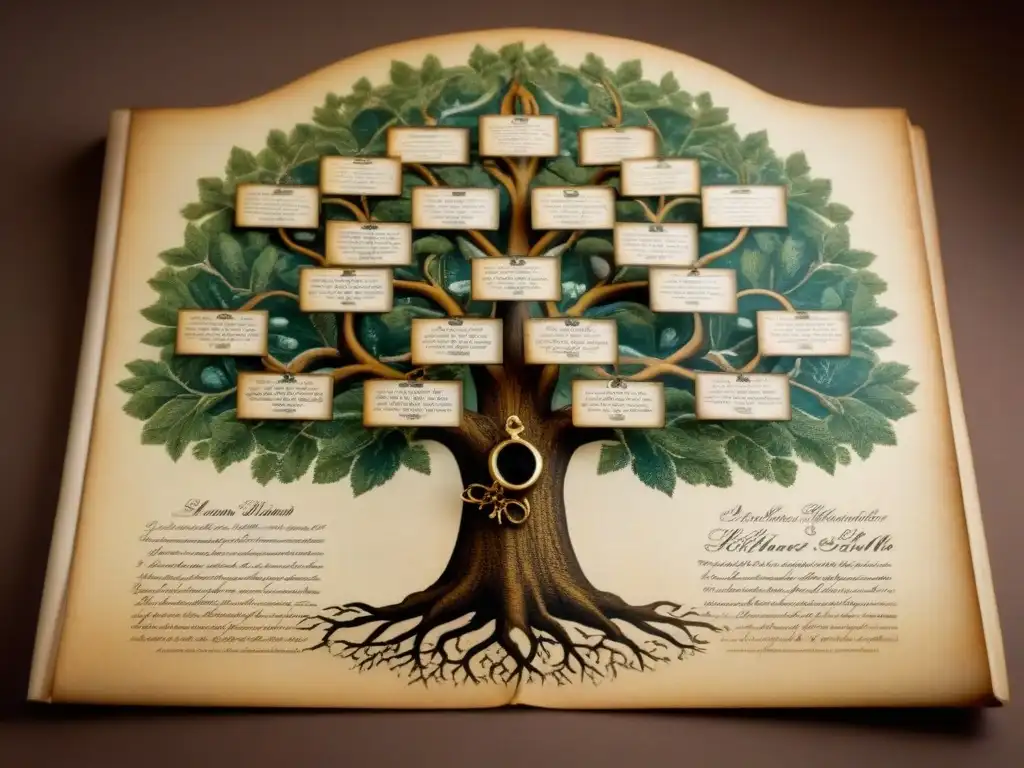 Un árbol genealógico detallado en pergamino envejecido, con fotografías antiguas y libros de genealogía, evocando conexión familiar