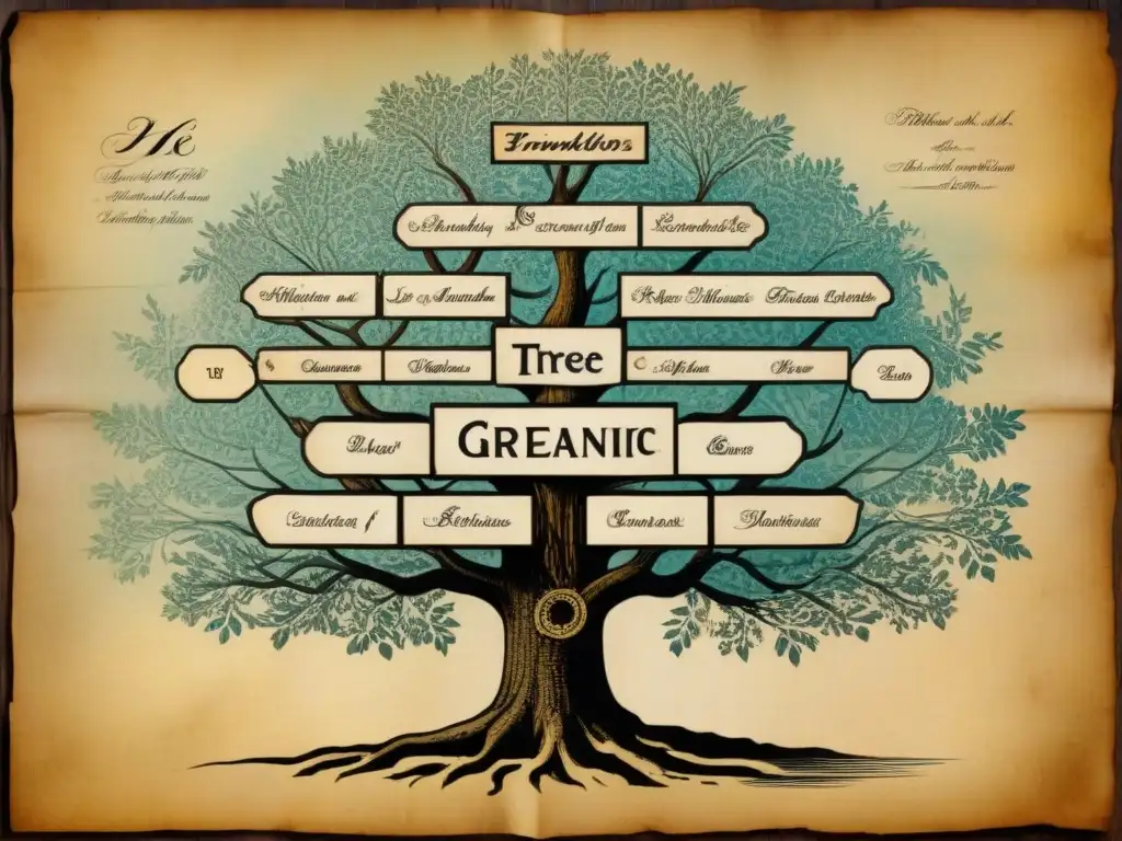 Un árbol genealógico meticulosamente detallado en pergamino envejecido, exudando historia y tradición