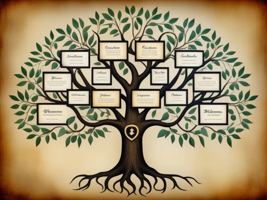 Un árbol genealógico detallado en pergamino antiguo, con ramas entrelazadas mostrando la historia de apellidos y genealogía