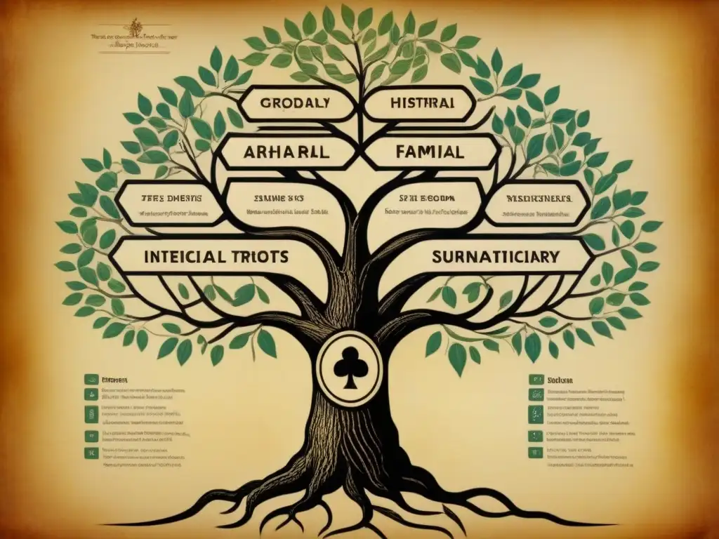 Árbol genealógico detallado en pergamino amarillento, con historia de apellidos y figuras políticas entrelazadas - evolución genealogía familia