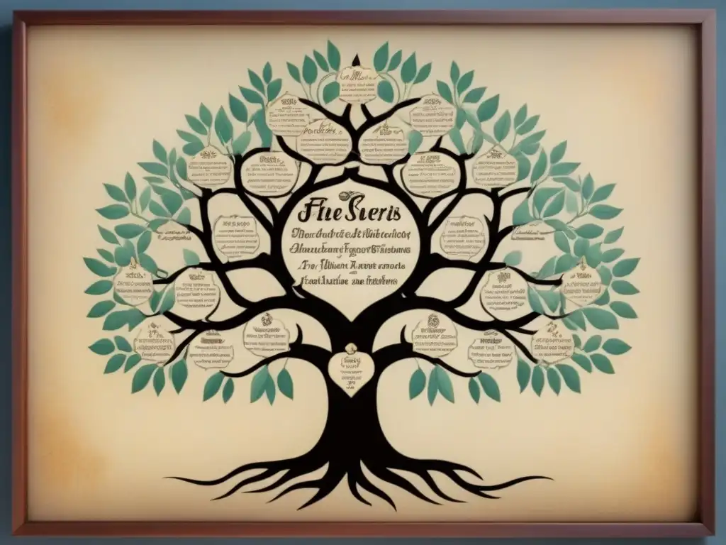 Un árbol genealógico detallado en pergamino antiguo, con caligrafía elegante y fotos de ancestros enmarcadas