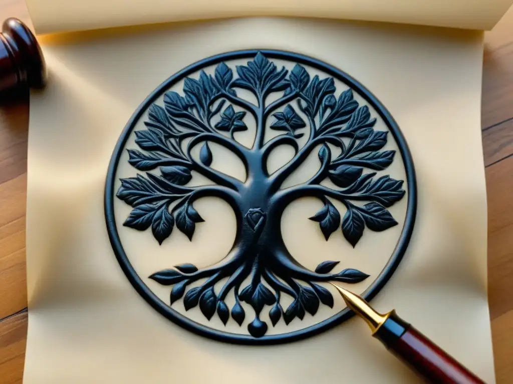 Un árbol genealógico detallado en pergamino antiguo, con nombres en caligrafía elegante que representan la historia de apellidos y linajes