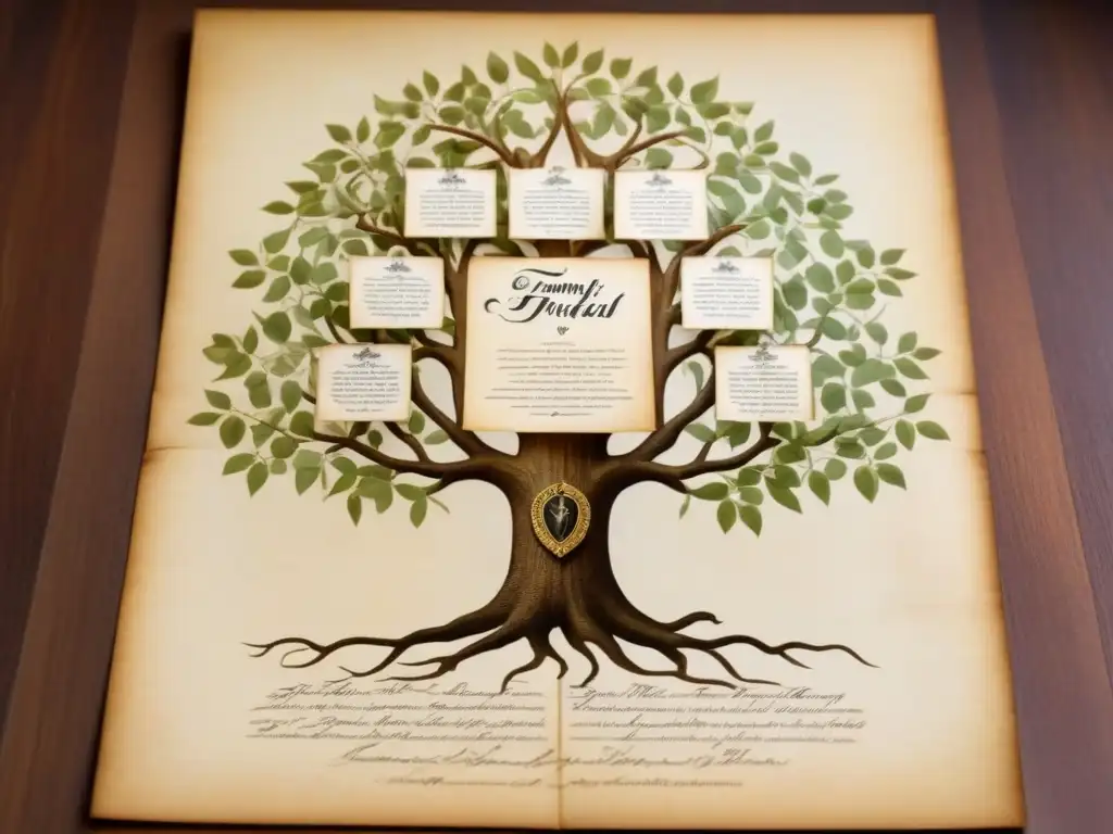 Un árbol genealógico detallado en pergamino antiguo, con caligrafía, fotos sepia y detalles botánicos