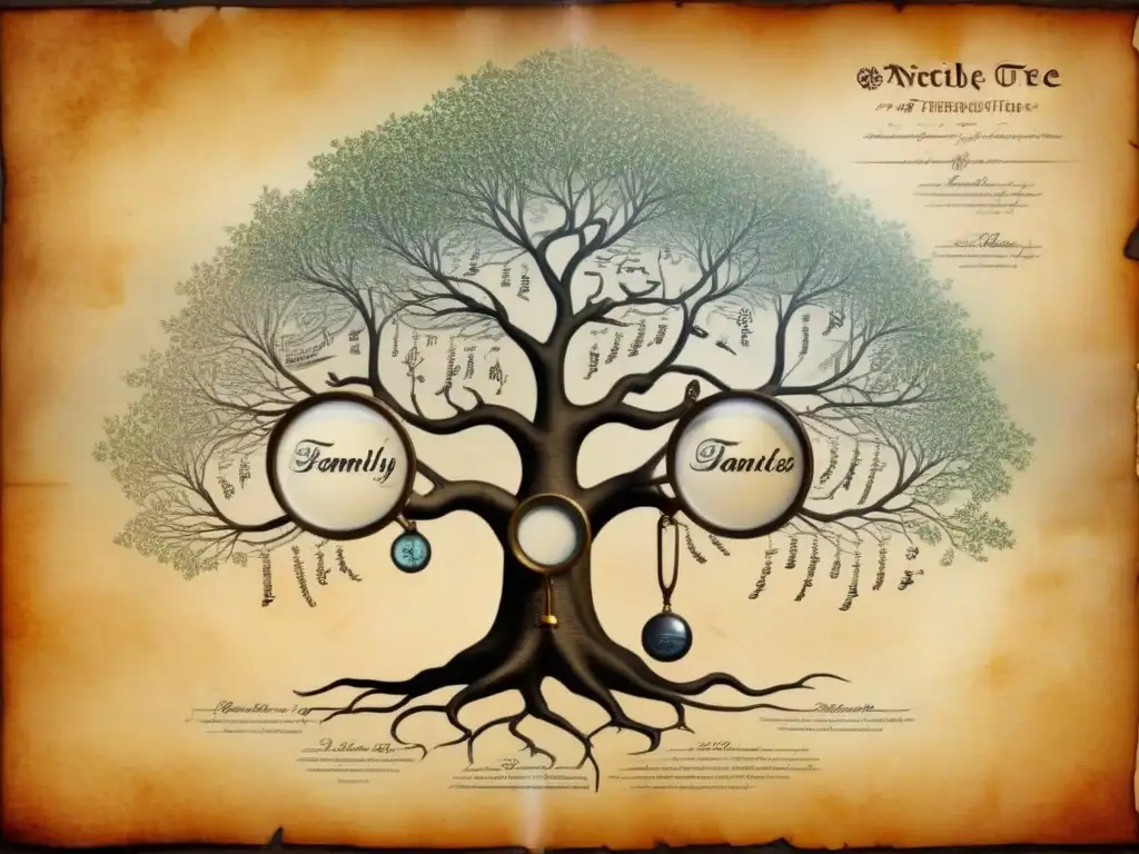 Árbol genealógico detallado en pergamino antiguo con historia de apellidos nobiliarios linajes olvidados