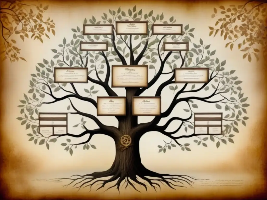 Un árbol genealógico detallado en pergamino antiguo, mostrando historias de apellidos y genealogía con caligrafía delicada y tonos sepia nostálgicos