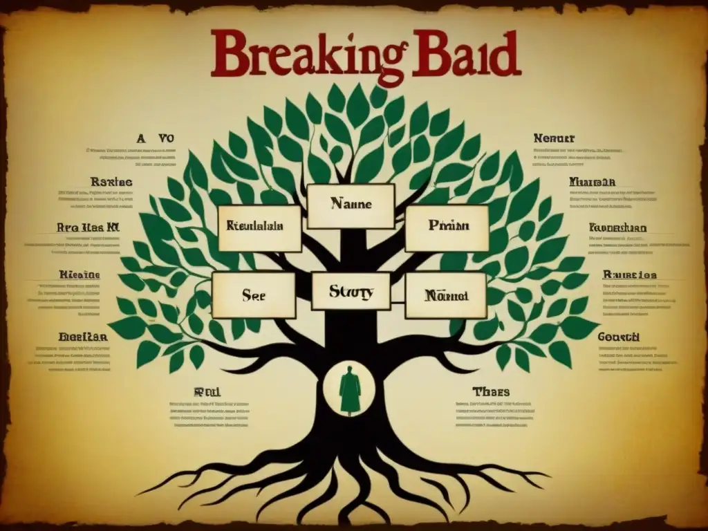 Árbol genealógico detallado de los personajes de Breaking Bad, uniendo apellidos en una trama visualmente cautivadora