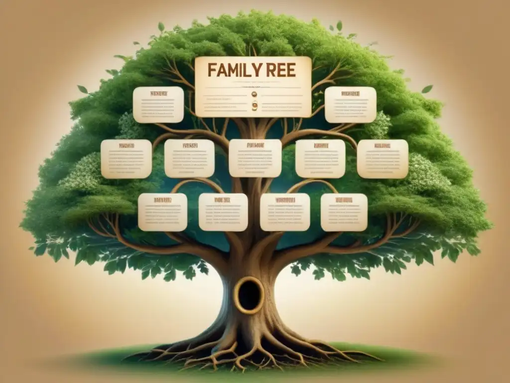 Un árbol genealógico detallado con raíces profundas, ramas extensas y hojas con nombres de antepasados, evocando historia y tradición